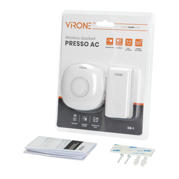 PRESSO AC wireless doorbell with learning system and kinetic push-button, 36 ringtones, communication range of 100m in an open a